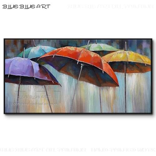 Hand-painted Romantic Rainy Day Colorful Umbrellas Oil Painting On Canvas Modern Landscape Wall Painting Picture for Living Room