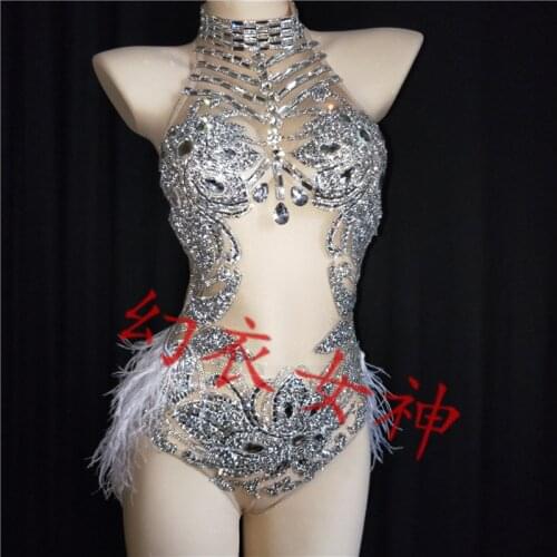 Sexy Sparkly Silver Crystals Mesh Bodysuit Feather Leotard Outfit Women Bar Dance Stage Party Dance Costume freeshipping