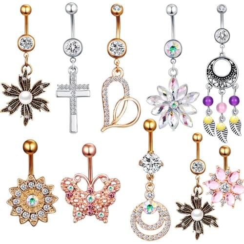 TIANCIFBYJS Mix 10 Styles Fancy Body Piercing Jewelry Stainless Steel Crystal Belly Bars Barbell Ear Navel Button Ring Set 30pcs