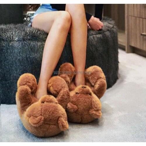 Women Teddy Bear Plush Slippers Cartoon Cute Bear House Slipper Winter Warm Furry Faux Fur Slides Woman Furry Flip Flop Shoes