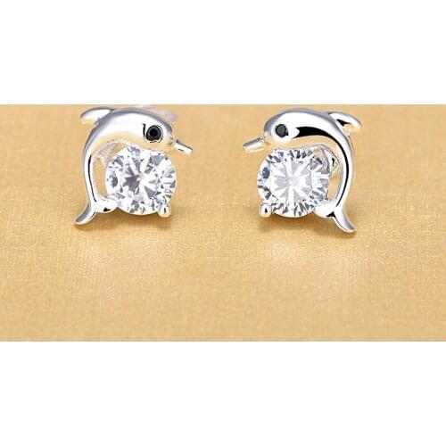 Lovely Small Cute 925 Sterling Silver Zircon Dolphin Animal Women Stud Earrings Brincos 2018