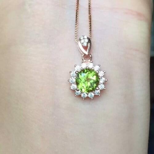 Natural green peridot stonependant S925 silver Natural olivine Pendant Necklace trendy Round Diana Princess women party jewelry