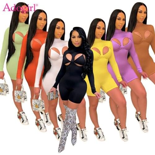 Adogirl Women Solid Hollo Out Long Sleeve Playsuit with Bra Set Long Sleeve Shorts Jumpsuit Casual Active Fitness Romper Onesie