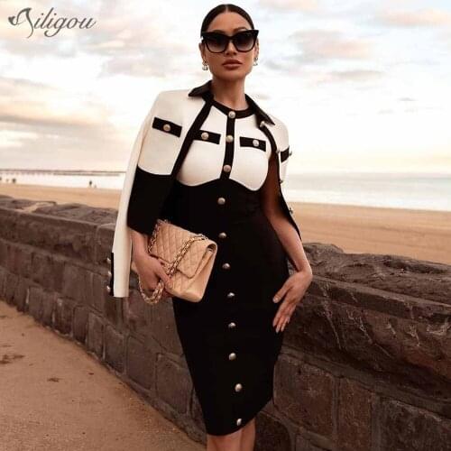 Ailigou Summer Womens Black Round Neck Vest Sleeveless Bandage 2021 Sexy Button Patchwork Club Mini Celebrity Party Tight Dress