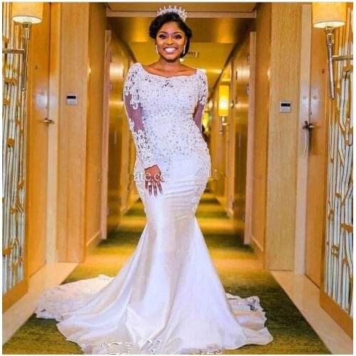 Long Sleeves Mermaid Arabic Wedding Dresses 2019 vestido de noiva Lace Beaded Bridal Gown Vestido De Noiva Plus robe de mariee