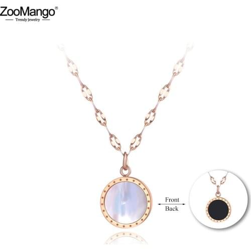 ZooMango Titanium Stainless Steel Black/White Shell Pendant Necklaces Jewelry Rose Gold Chokers Necklace For Women Girls ZN19005