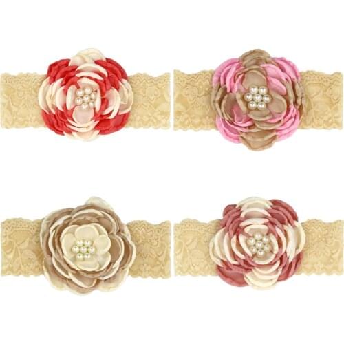 12Pcs/Lot Large Flower Khaki Lace Baby Headband Pearl Soft Color Matching Elastic Hair Bands Newborn Girls Hair Accessories