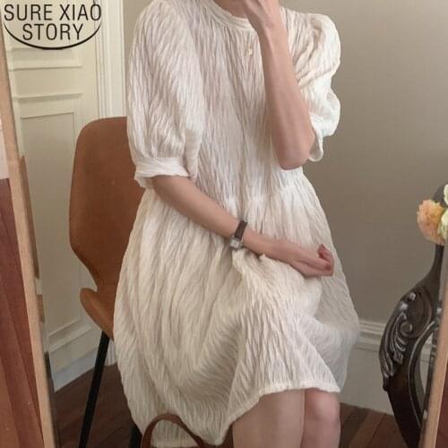 2021 Summer Dress Knee-length Women Loose Dresses Sweet French Style Khaki White Dress Short Sleeve High Waist Vestidos 13819