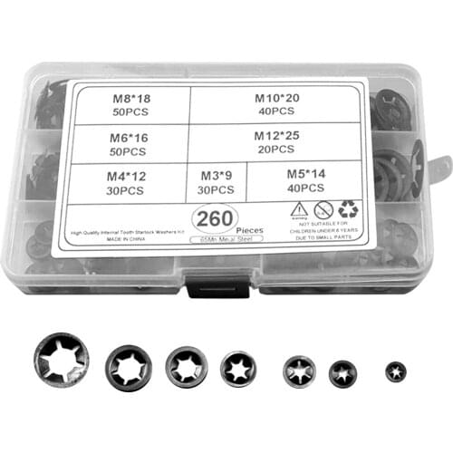 260PCS M3-12 Push-on Quick Speed Locking Washers Star Nut Metal Fastener Assorted Kit