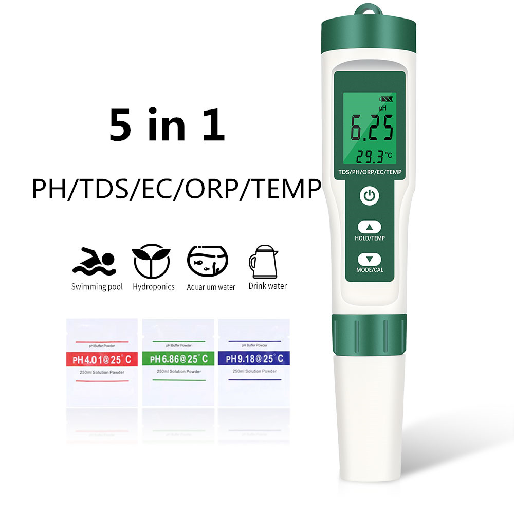 5 in 1 PH/TDS/EC/ORP/Temperature Meter PH Meter Digital Water Quality Monitor Tester for Pools Drinking Water Aquariums 40% off