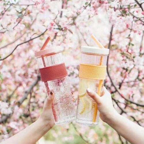 700ML Large Capacity Korean Version of Simple Plastic Water Cup Folding Straw Filter Lemon Cup Net Red Cute Female Student Cup