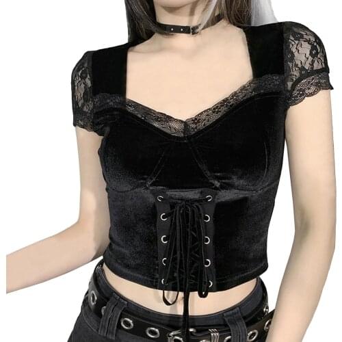 Velvet Y2K Crop Tops Black Gothic Adjustable Cross Straps Tie Lace Tank Tops Women Backless Sexy Strap Tanks