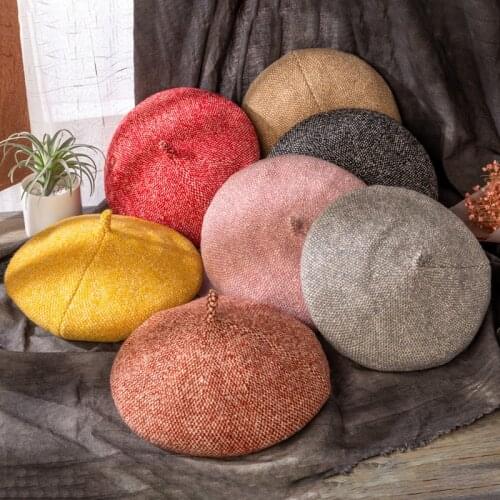 Girl Solid Color Beret French Artist Warm Wool Winter Beanie Hat Retro Vintage Plain Beret Solid Color Elegant Ladies Winter Hat