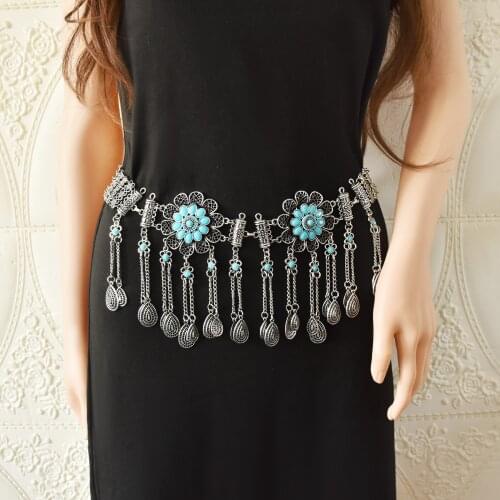 Bohemian Silver Metal Hollow Carved Water Drop Tassels Vintage Waist Chain Body Chain Inlaid Blue Gemstone Belt Jewelry Gift