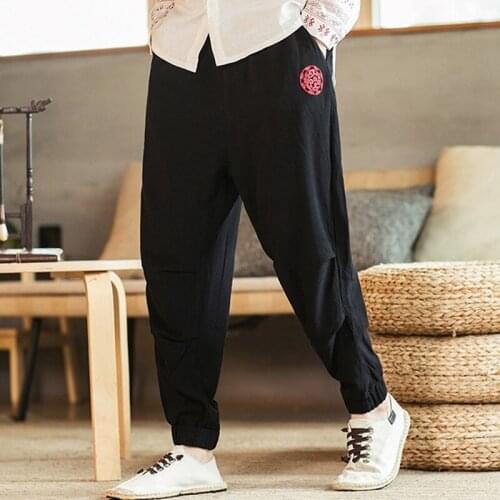 Chinese Style Retro Cotton Linen Embroidery Pants Men Clothing Fashion Asian Clothes Loose Trousers Plus Size Harem Pants KK3584