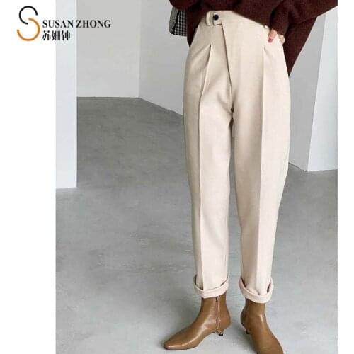 Women Trousers Female Ladies Ankle-Length Pants Thick Fabric High Waist Belt Loop Zipper Fly Feminine Loose Autumn Winter Office