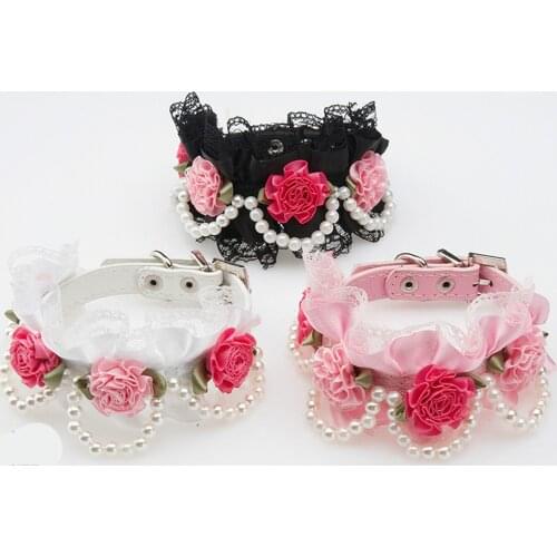 Floral Dogs Collar Pearls Necklace Soft pu Leather Puppy Cat Pet Collars Lead with Lace Flowers Dogs Products