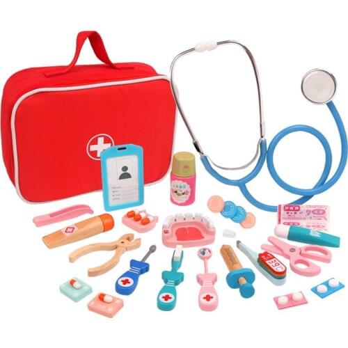 Children Wooden Dentist Doctor Pretend Play Toys Kit Nurse Role Act Game Set Simulation Medical Accessories Bag For Boy Girl Kid