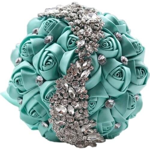 2021 Elegant Aqua Blue Crystal Silk Rose Flowers Wedding Bouquet Sliver Rhinestones Bridal Bouquets Cheap