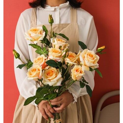 3 Heads Artificial Rose Flowers Romantic Wedding Decoration Silk Rose Fake Flowers Branches with Leaves Home Decor Flowers