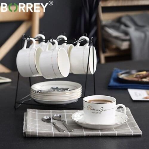 BORREY Ceramic Coffee Cup Set Of 6 White Porcelain Tea Cups And Saucers With Spoon Bone China Coffee Mug With Cup Holder Shelf