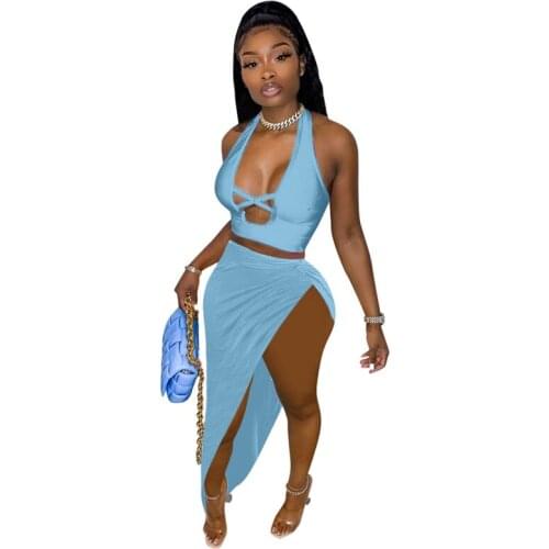 Summer Two Piece Skirt Set Women Clothes Bandage Crop Top and Hight Slit Long Skirt Set Clubwear Black Bodycon Matching Sets