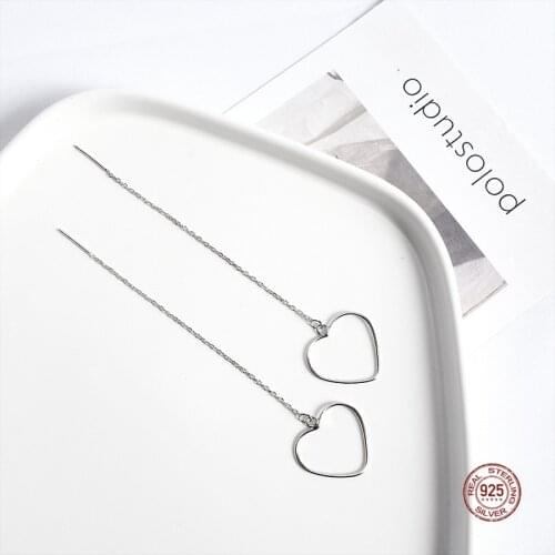 LKO New Fashion 925 Sterling Silver Simplicity Hollow Out Heart-Shape Long Tassels Drop Earrings for Women Party Jewelry