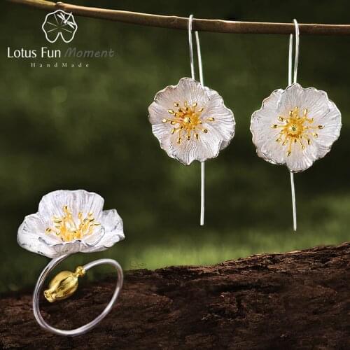 Lotus Fun Moment Real 925 Sterling Silver Handmade Designer Fashion Jewelry Blooming Poppies Flower Jewelry Set for Women Bijoux