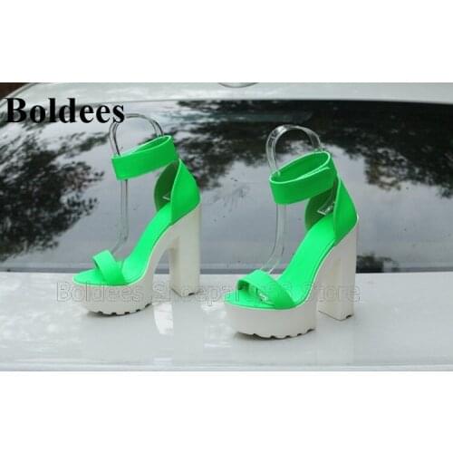 Fashion Neon Green Pu Leather Block Heel Sandala Woemn Peep Toe Wedge Buckle Strap Comfortable Women Sandals