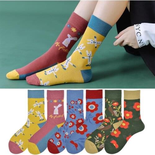 Trendy Socks AB Cotton Socks High Tube Socks Creative Cartoon Small Flowers New Autumn and Winter Stockings Womens Socks Indie