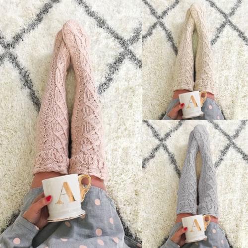Fashion Women Hot Solid Winter Warm Cable Cotton Knit Over knee Long Boot Thigh-High Soft Socks