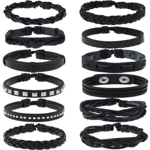 Fashion Hippie Black Bracelet Set Vintage Retro Rivets Heart Weave Leather Wrap Rope Charm Wristbands Bangle Hiphop Jewelry Gift