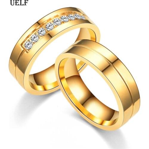 Uelf 2019 New Fashion Gold color Stainless Steel Wedding Bands Shiny Crystal Ring for Female Male Jewelry 6mm Engagement Ring