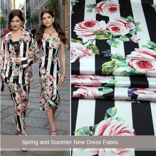 New spring and summer black and white striped rose butterfly print fabric handmade strap dress cheongsam pajamas cloth