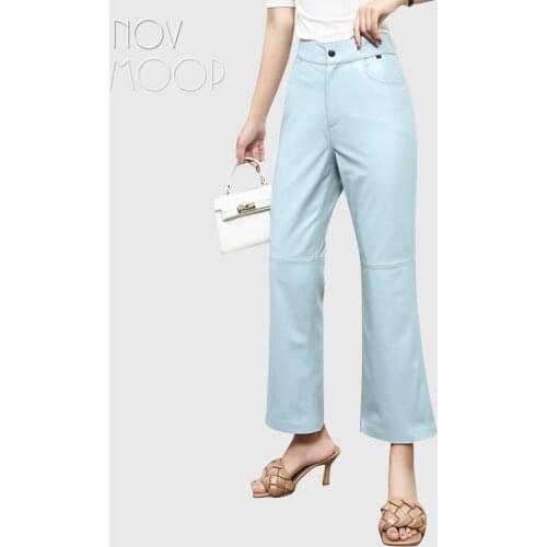 Novmoop sheepskin genuine leather women pants ankle length babyblue elastic waistband wide leg open Pantalones de cuero LT3442