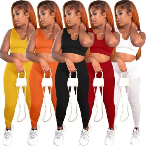 Solid 2PCS Casual Tank Tracksuit Sets Sleeveless V Neck Tank Crop Tops+Tight Workout Long Pants Yoga Gym Legging Pencil Pants