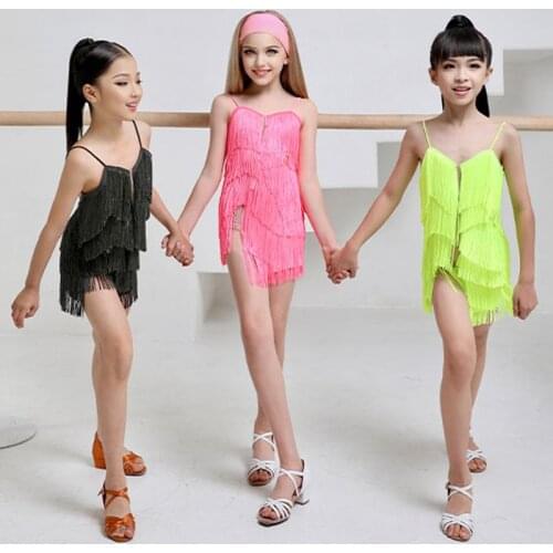 Latin Dance Dress For Girls Fluorescence Pink Fringe Dress Samba Cah Cha Performance Wear Kids Latin Competition Dress DNV14733