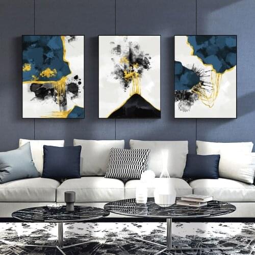 3 Pieces Colorful Blue Ink Poster Abstract Canvas Painting Modern Wall Art Pictures For Living Room Home Decor Nordic Poster