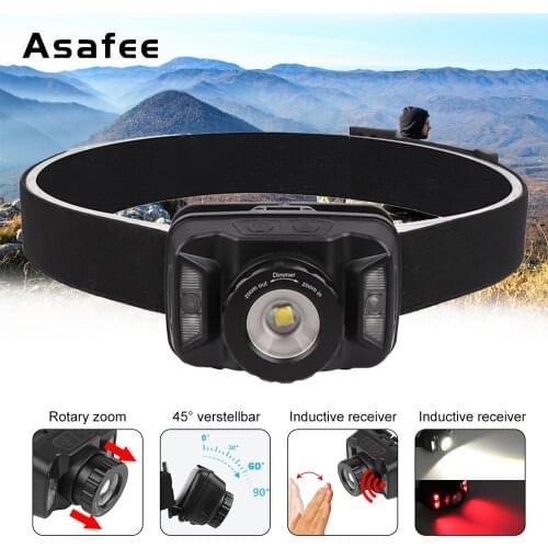 Asafee Zooomable LED Headlamp Camping Torch Light Head Lamp with Built-in Battery Head Flashlight IR Sensor Headlamp 6 Modes