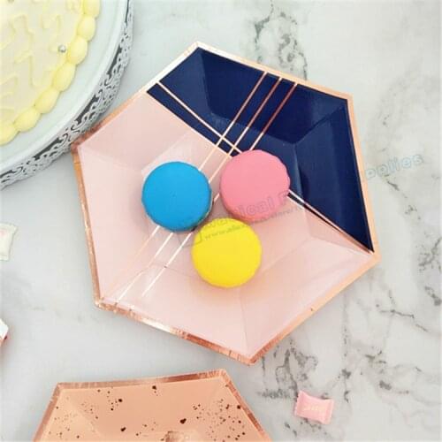 24pcs Blush Pink Paper Plates Navy Blue and Rose Gold Party Decor Girl First Birthday Dessert Tableware Cake Dishes Rose Plate