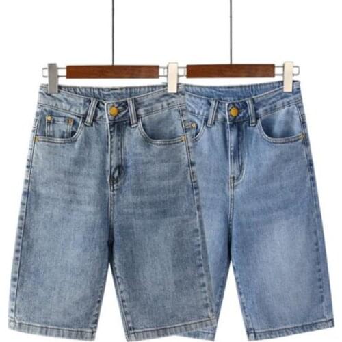 High Quality 2021 Women Summer Cotton Jeans Blue High Waist Casual Trousers Denim Streetwear Female Knee Length Denim Pants