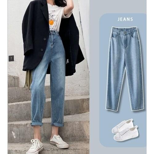 High Waist Jeans Woman Plus Size Street Style Elastic Waist Denim Pants Cotton Loose Coated Vintage Washed Boyfriend Jeans 2020