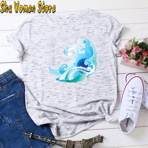 Women Graphic Wave Cute Aesthetic Printing Casual 90s Short Sleeve Print Tops Lady Tees Clothing Female T Shirt Womens T-Shirt