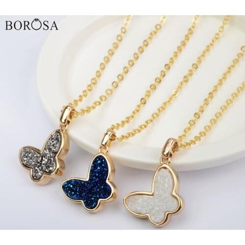 BOROSA New Butterfly Natural Agates Pendant Necklace 16'' Gold Color Druzy Charms Statement Necklace for Women WX1365-N