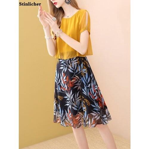 Summer dress women fashion flower print chiffon imitation silk dress ladies elegant work long dress robe fake 2 pieces