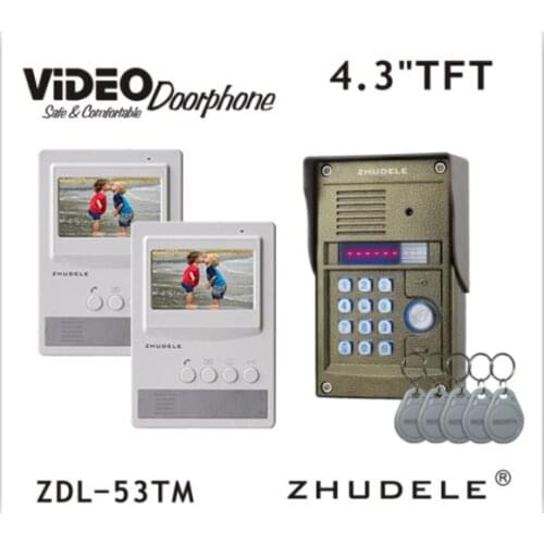 ZHUDELE RFID Top Quality 4.3" Video Door Phone Home Security Intercom System + RFID Camera Night Vision Waterproof Cover 1V2