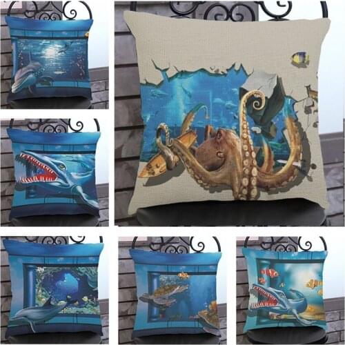 3D Ocean Life Marines Pillow Cover Nemo Fish Dolphin Shark Octopus Blue Cushion Cover for Sofa Chair Decorative Linen Pillows