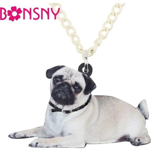 Bonsny Acrylic Sweet Lying Pug Dog Bulldog Necklace Pendant Sweater Chain Cute Animal Pets Jewelry For Women Girls Gift Bijoux
