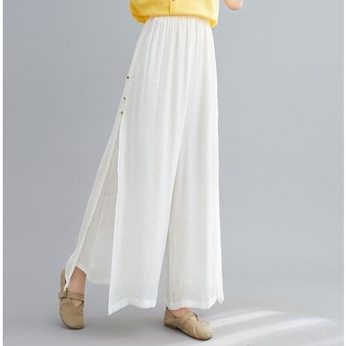 Chinese Style Bottom For Women Cotton Linen Pants Woman Oriental Loose Wide Leg Trousers Split Breathable Casual Outfit 30933