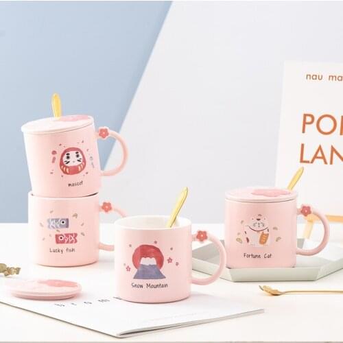 400ml Japanese Landscape Mug Lovely Snow Mountain Printed Ceramic Cup with Cover and Spoon Office Home Milk Coffee Cup Set